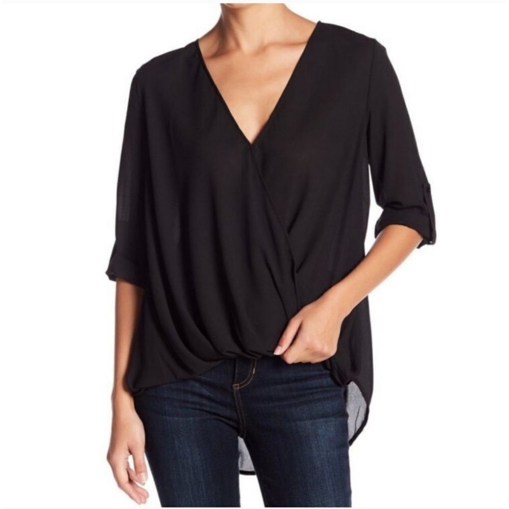 LUSH Black Draped Faux Wrap V Neck 3/4 Sleeve High Low‎ Blouse Top XS 326